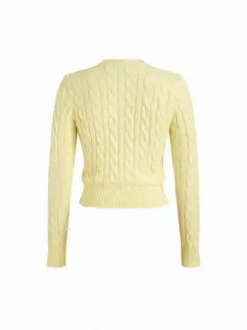 Kabelgestrickter Rundhals-Knopf-Cardigan mit angeschnürter Taille