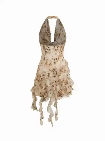 Halterhals-Leopard-Mini-Kleid mit geschichtetem asymmetrischen Spitzensaum
