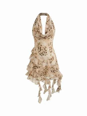 Halterhals-Leopard-Mini-Kleid mit geschichtetem asymmetrischen Spitzensaum