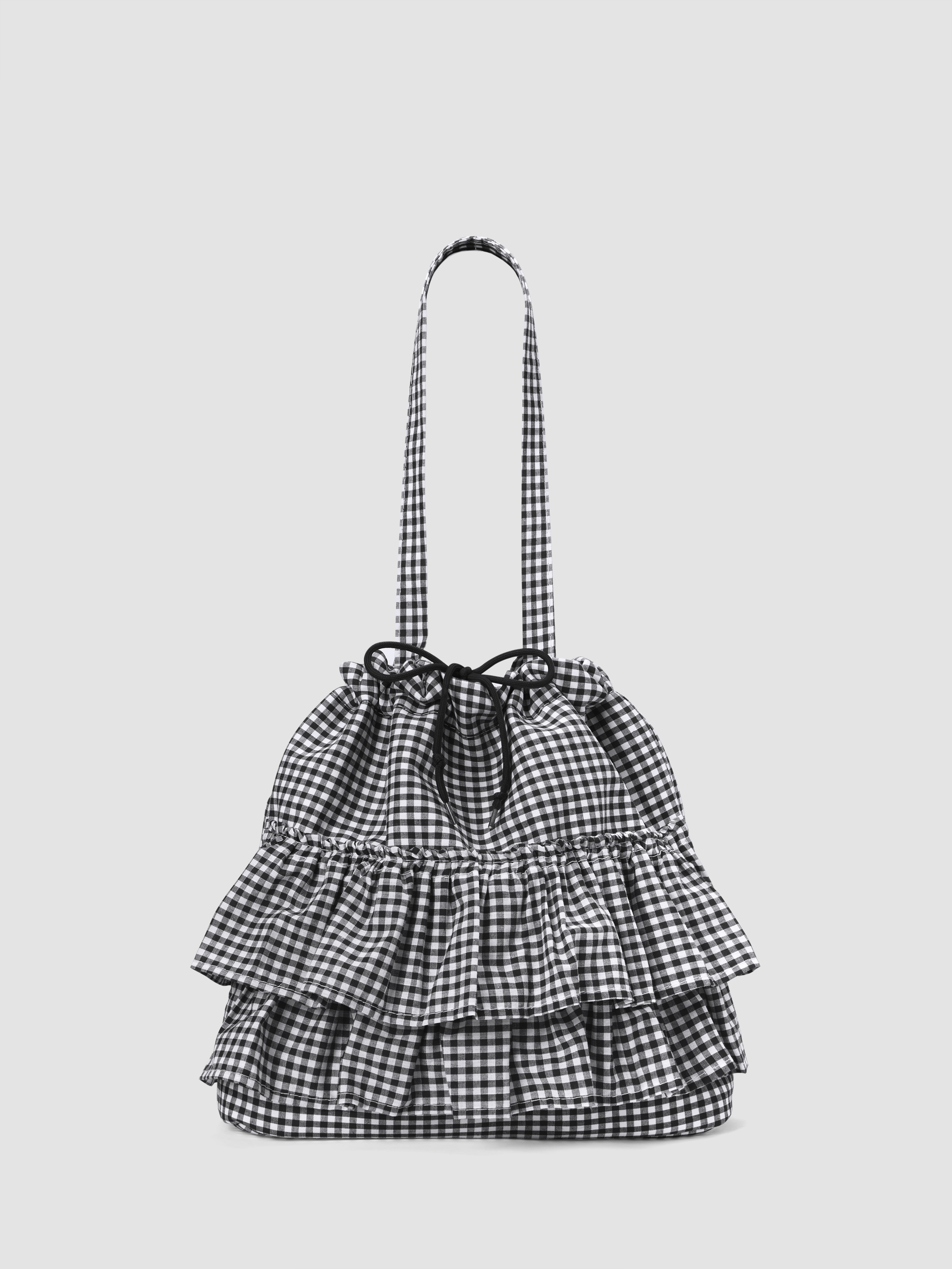 『Cider』GINGHAM DOUBLE LAYERED RUFFLE DRAWSTRING TOTE BAG Cotton Fabric GINGHAM DOUBLE LAYERED RUFFLE DRAWSTRING TOTE