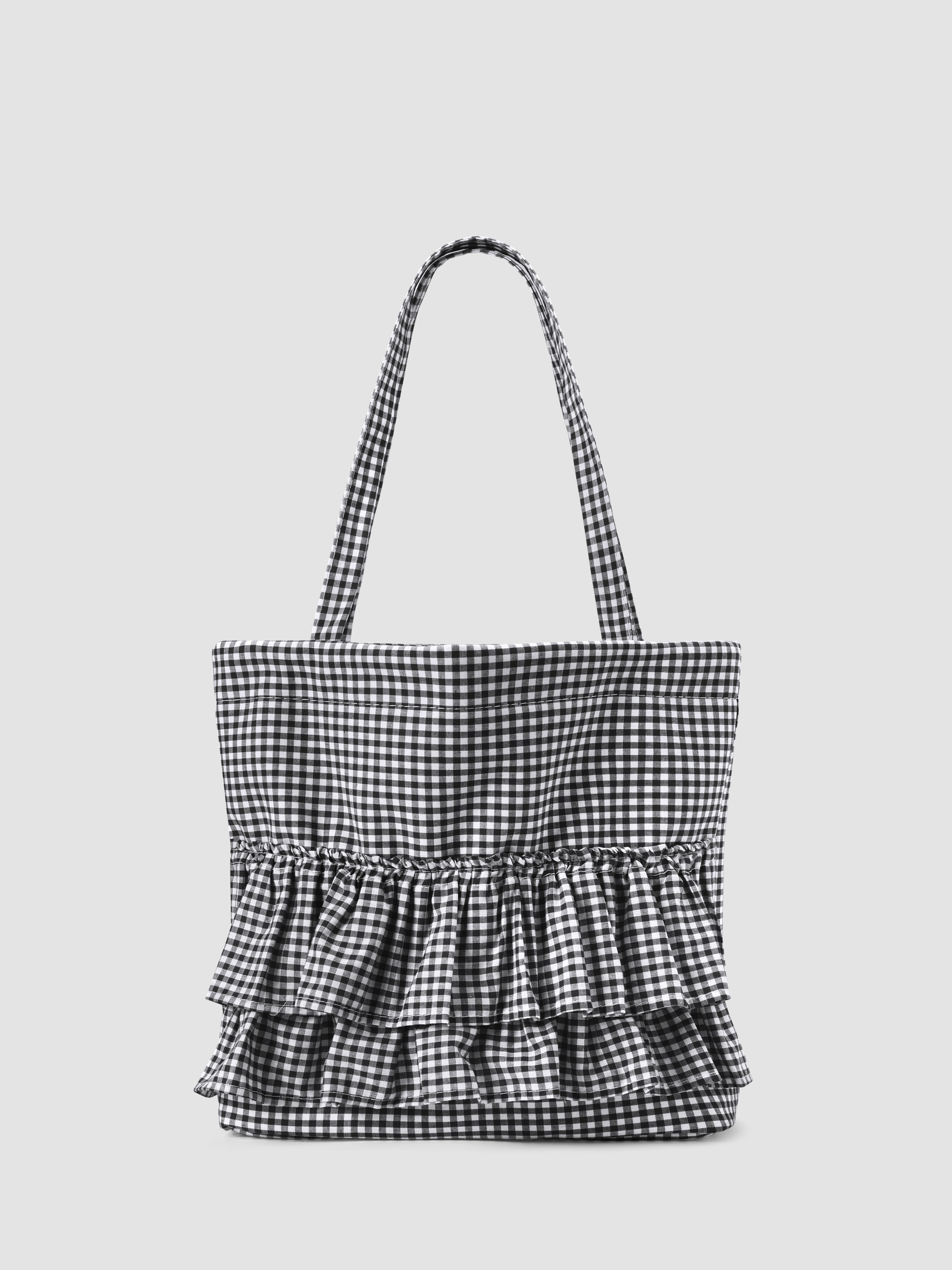 Cotton Fabric GINGHAM DOUBLE LAYERED RUFFLE DRAWSTRING TOTE