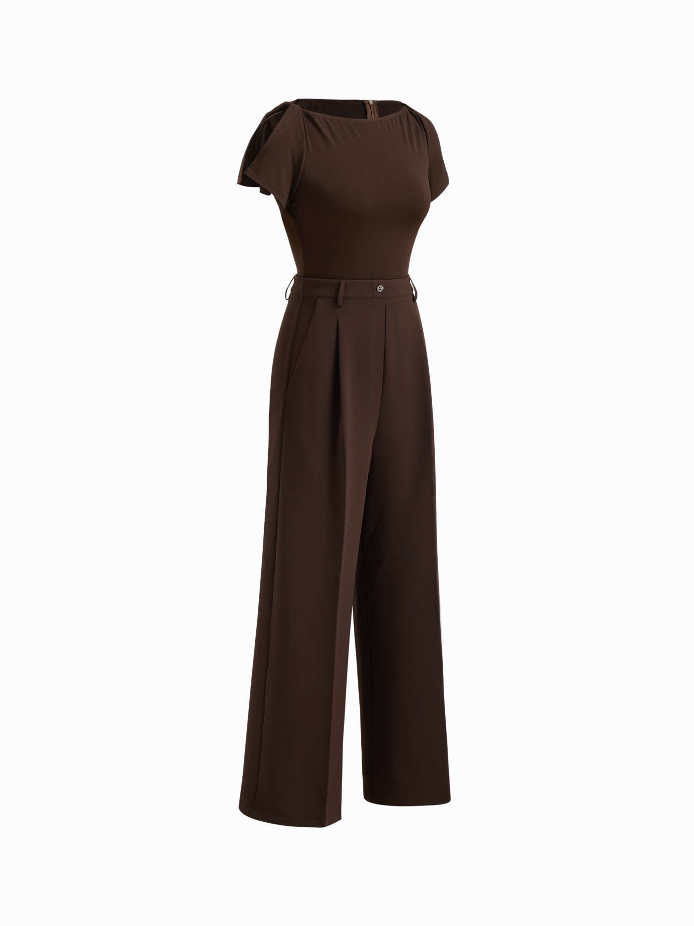 Cotton-blend Collar Solid Striped Knotted Roll-up Sleeve Jumpsuit