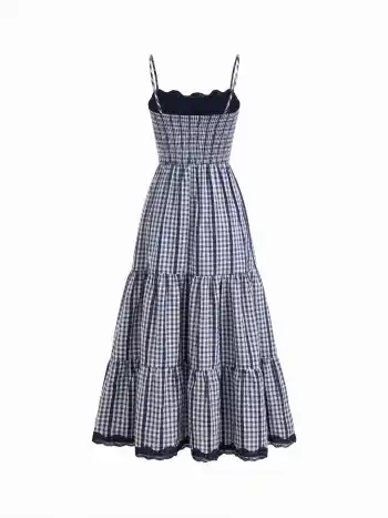 Baumwollmischung Gingham Spitzenrandiges Geschichtet Shirred Maxikleid