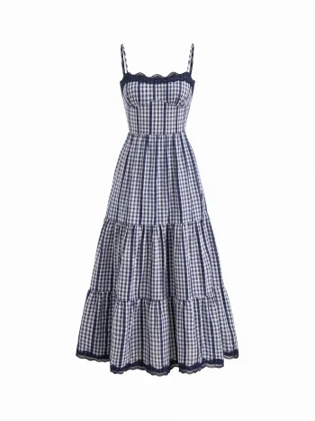 Baumwollmischung Gingham Spitzenrandiges Geschichtet Shirred Maxikleid