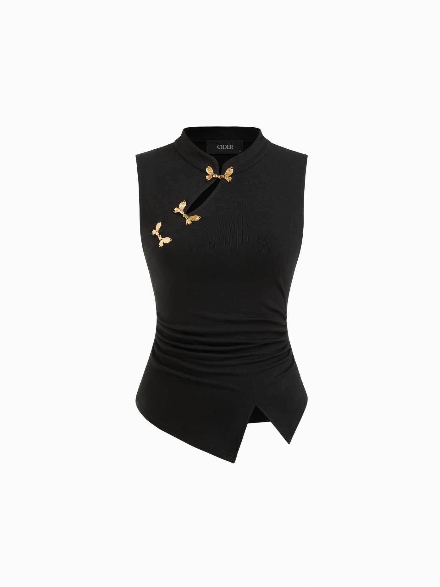 Mandarin Collar Metal Detail Cut Out Ruched Split Top