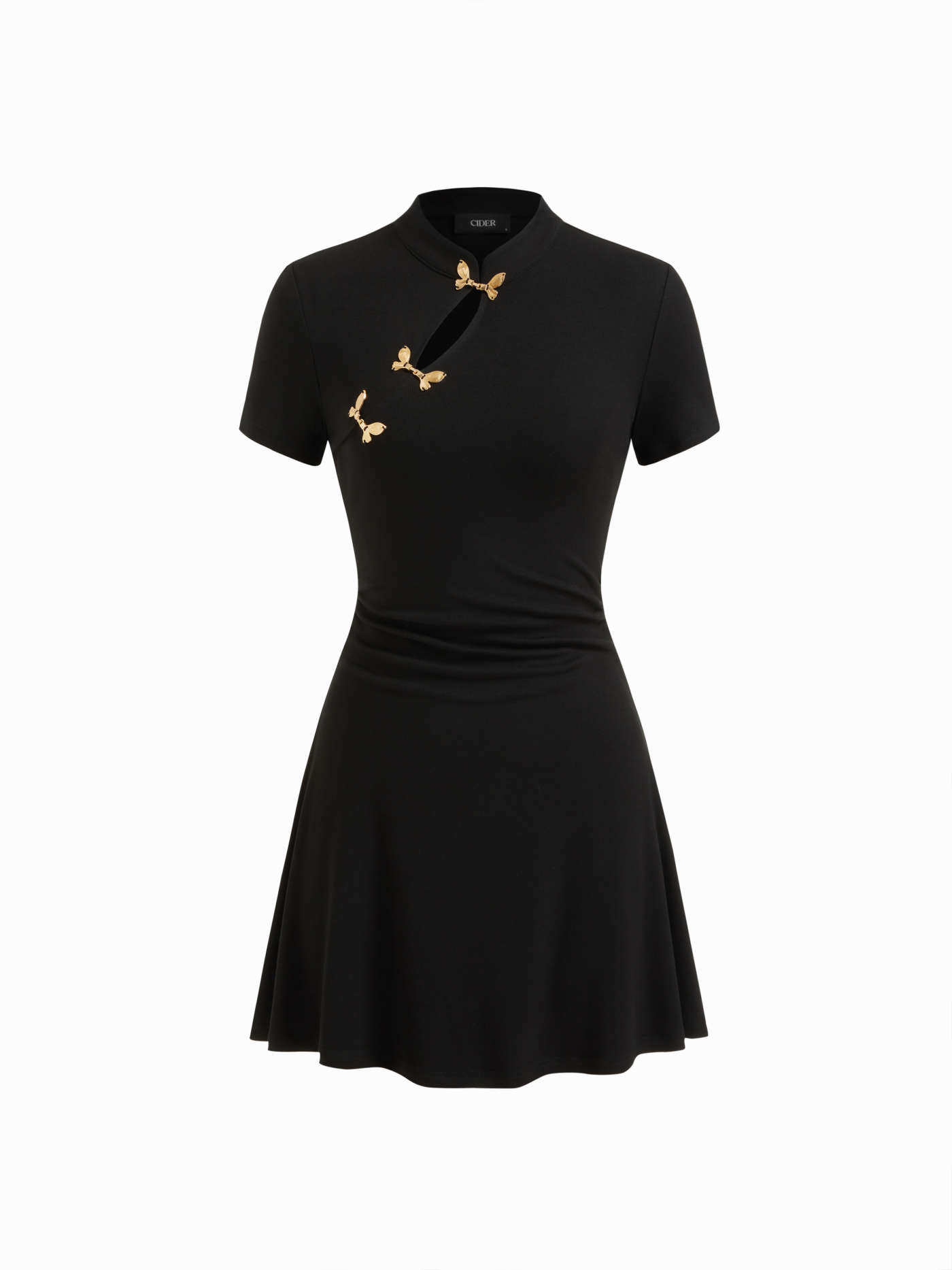 Mandarin Collar Short Sleeve Metal Detail Cut Out Ruched Mini Dress