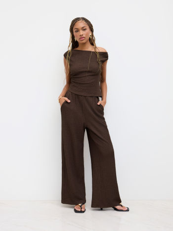 Texture Asymmetrical Neck Ruched Top & Mid Rise Elastic Waist Straight Leg Trousers Set