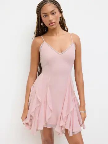 Mini abito in chiffon con scollo a V, bordi in pizzo, volant e nodo