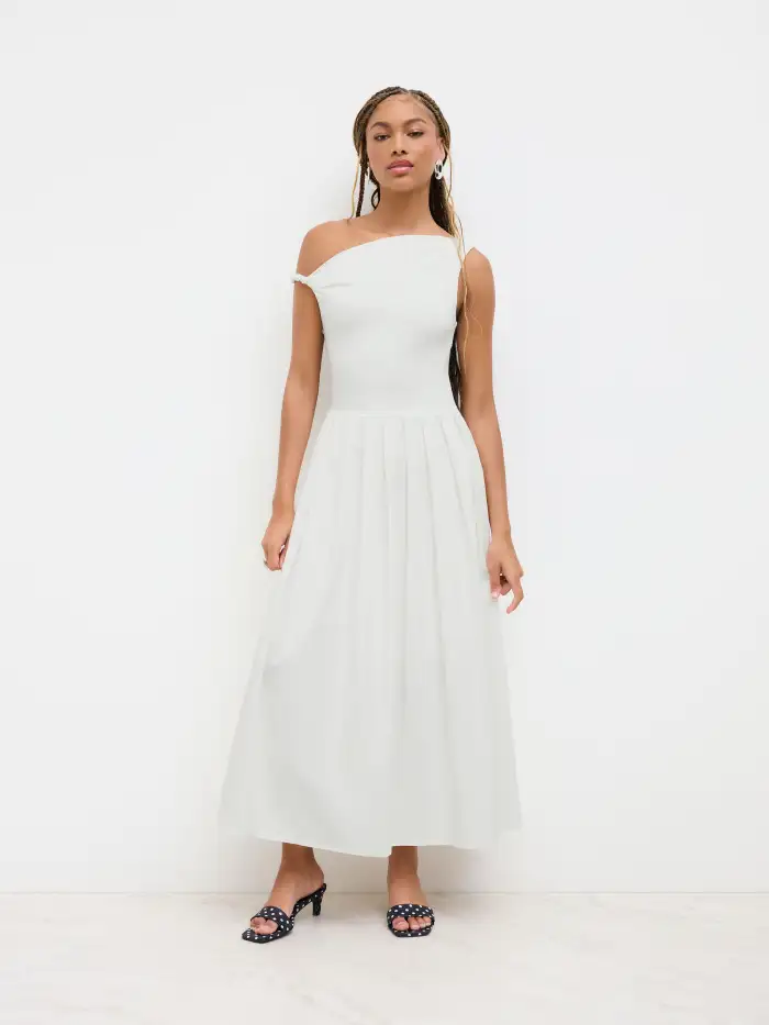 Woven Cotton-blend Asymmetrical Neck Ruched Twist Pleated Maxi Dress For  Daily Casual
