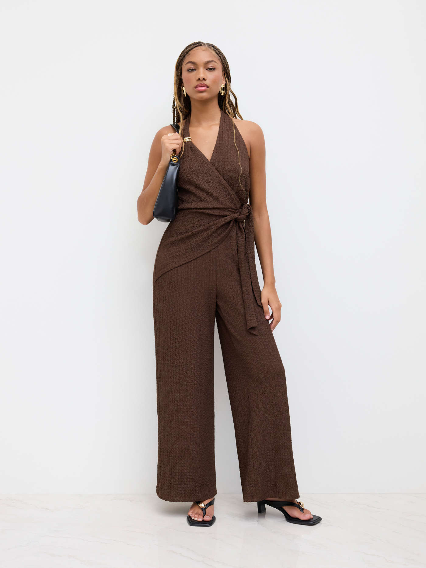 Halter Neckline Metal Detail Knotted Texture Jumpsuit