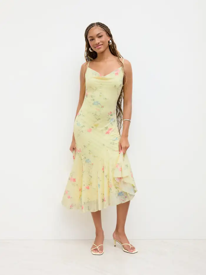 Mesh Mesh Cowl Neck Floral Ruffle Hem Maxi Dress For Vacation