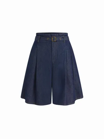 Jeans Bermuda-Short mit Mittelbund und Plissee und Gürtel