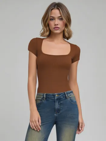 Solid Square Neck Short Sleeve Bodysuit