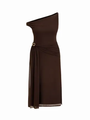 Abito Maxi Curvy & Plus con Scollo Asimmetrico, Dettagli in Metallo Arricciati e Drappeggio