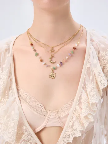 3PCS SUN & MOON & STAR & COLORFUL STONE PENDANT NECKLACE SET