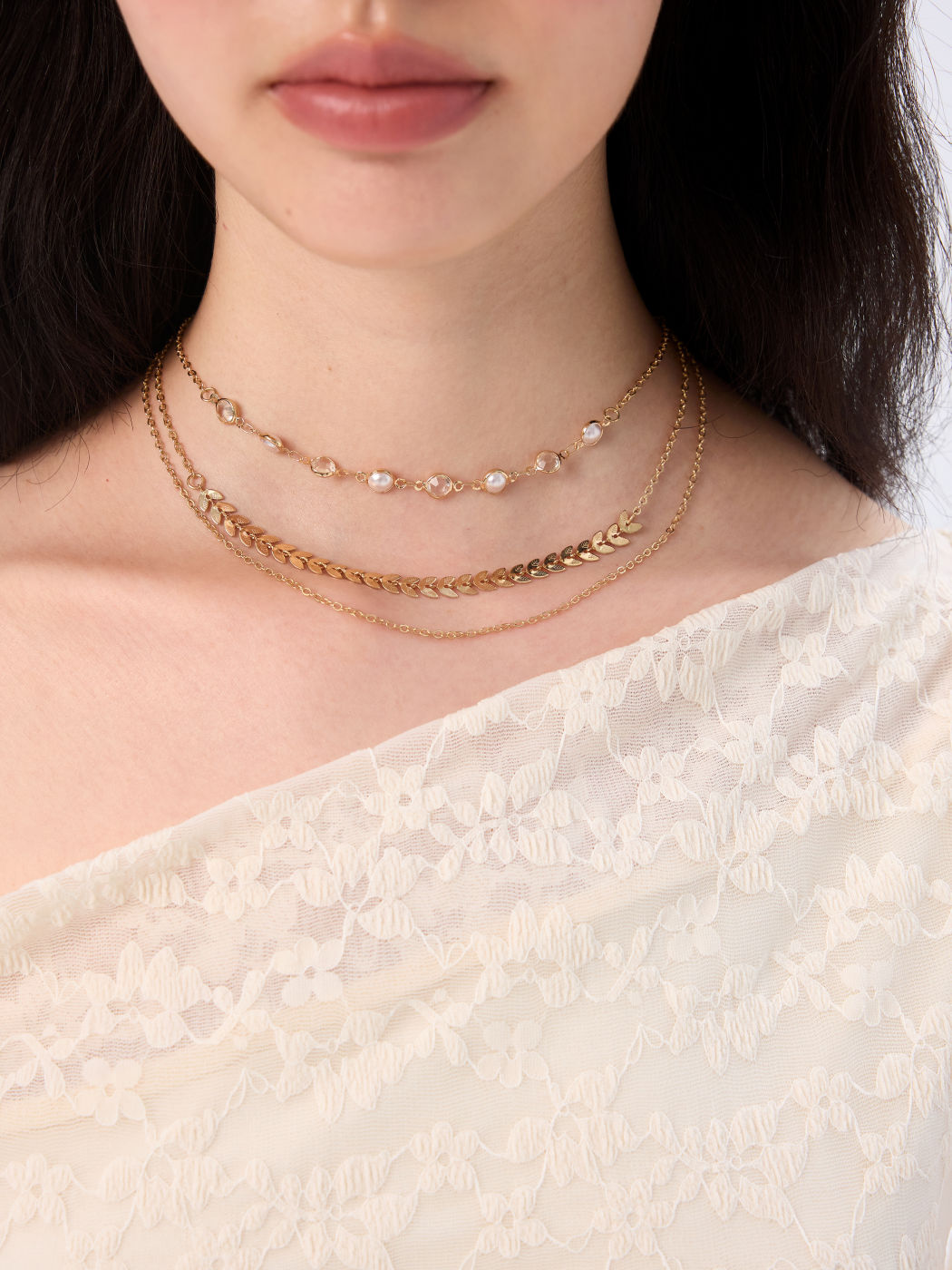 3PCS LEAF & FAUX PEARL & RHINESTONE CHAIN NECKLACE SET