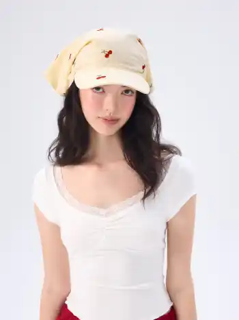 CHERRY EMBROIDERED GINGHAM HEADSCARF CAP