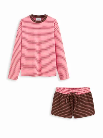 Set Loungewear a maniche lunghe con scollo rotondo a righe e shorts patchwork a vita bassa