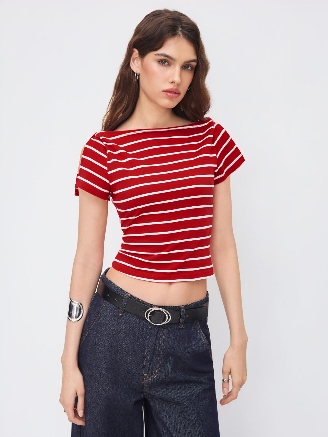 100% Cotton Boat Neck Stripe Split Sleeve Top