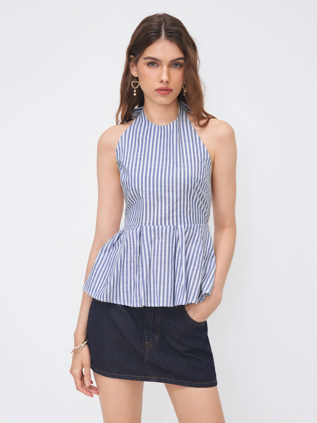 Cotton-blend Halter Neckline Stripe Knotted Backless Pleated Top