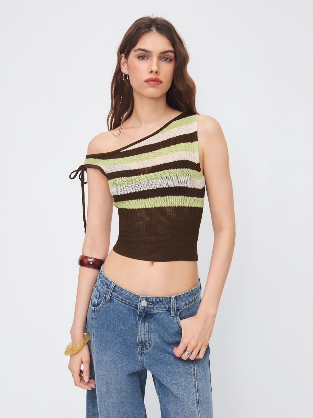 Knit Asymmetrical Neck Stripe Knotted Tank Top