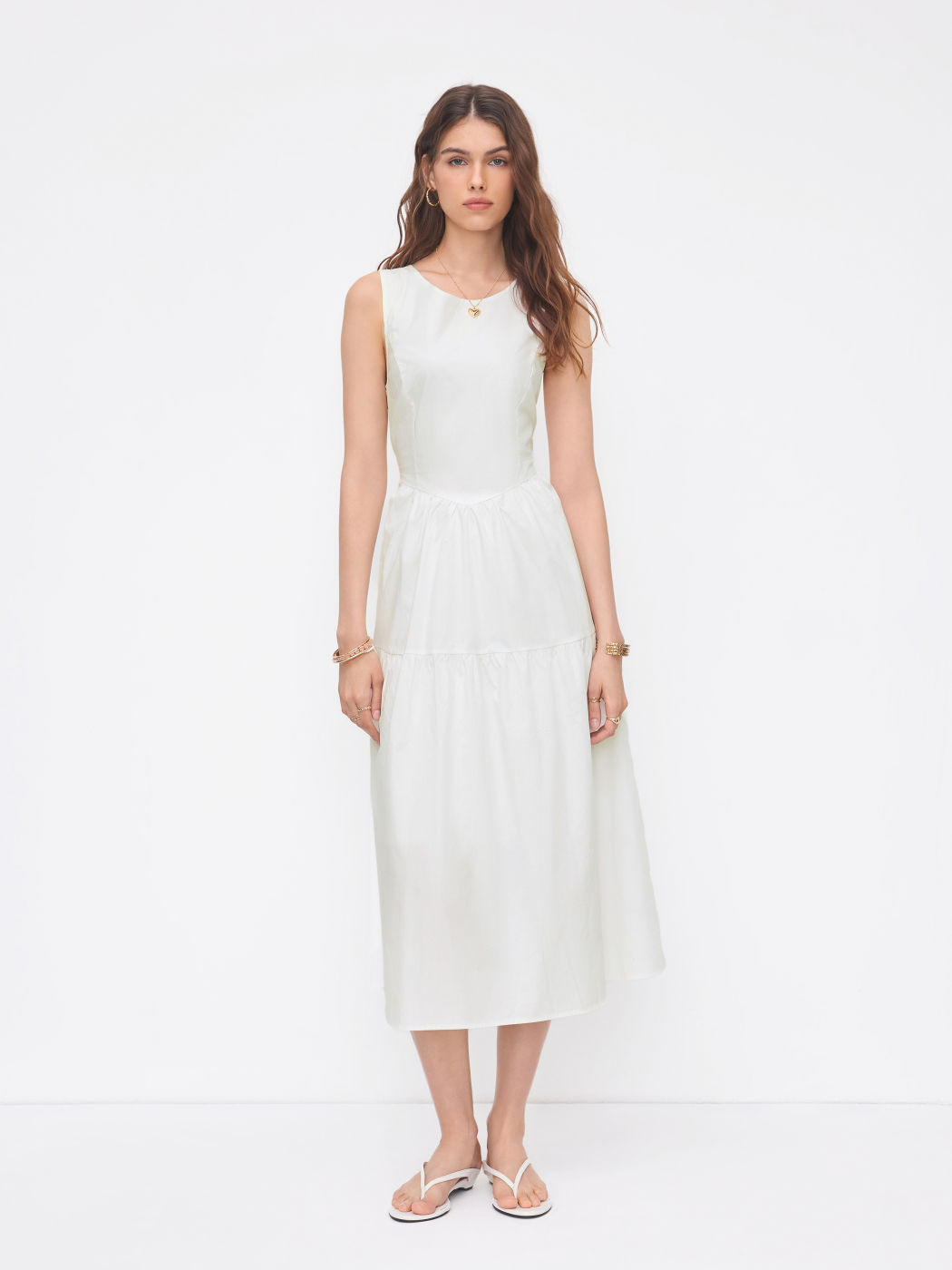Cotton Round Neckline Drawstring Cut Out Midi Dress