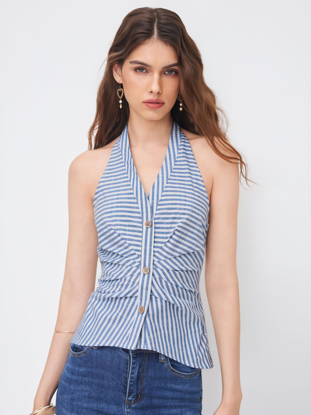 Cotton-blend Halter V-neck Stripe Ruched Blouse