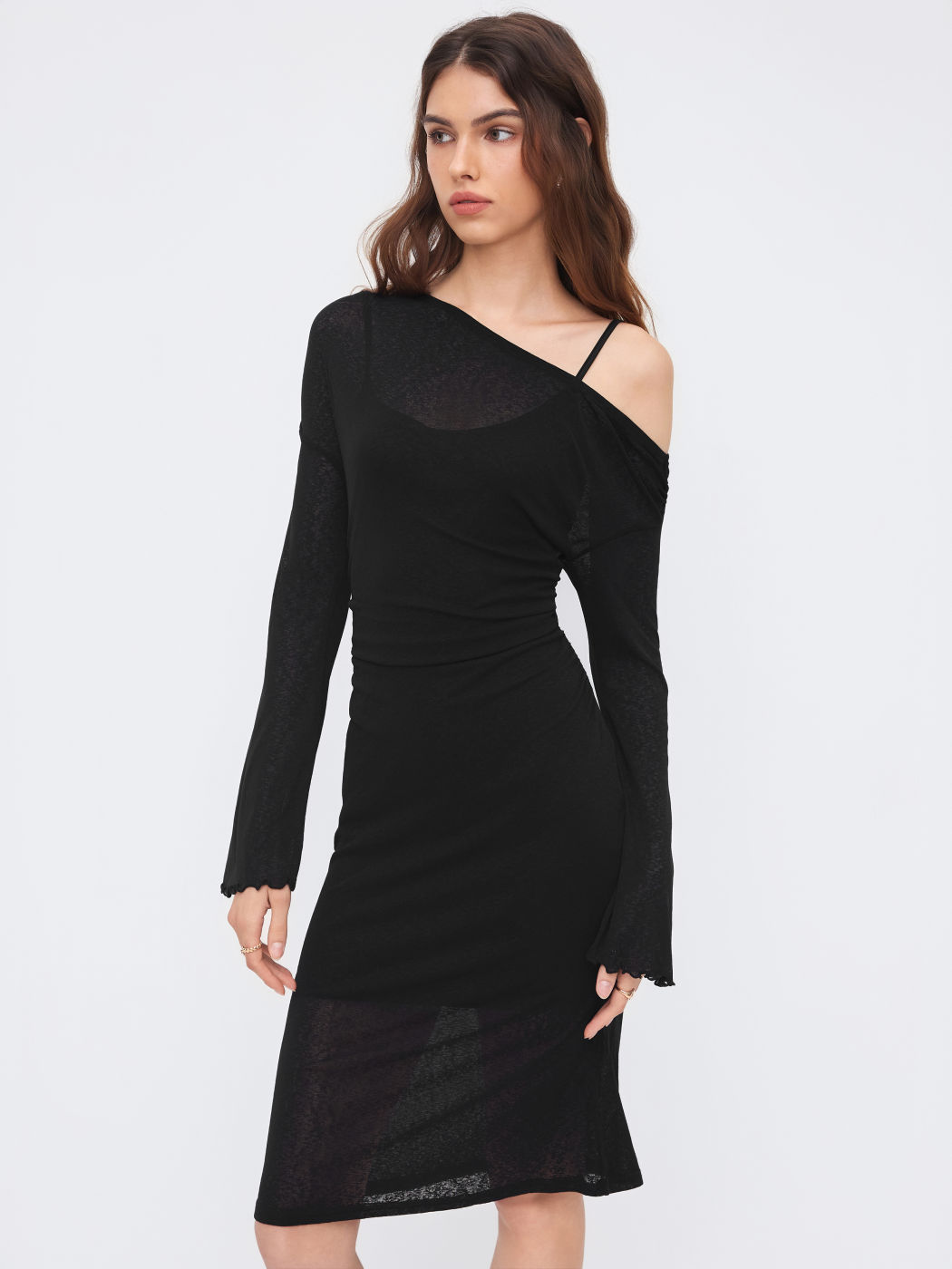 Two Pieces Asymmetrical Neck Lettuce Trim Bell Sleeve Maxi Dress With Cami Midi Dress