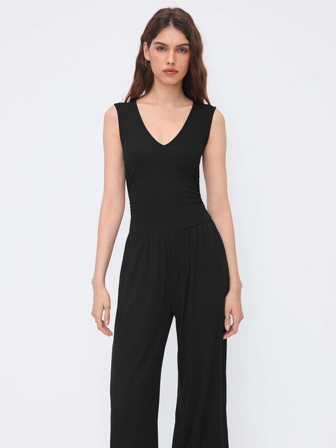 V-neck Ruched Split Straight Leg Jumpsuit