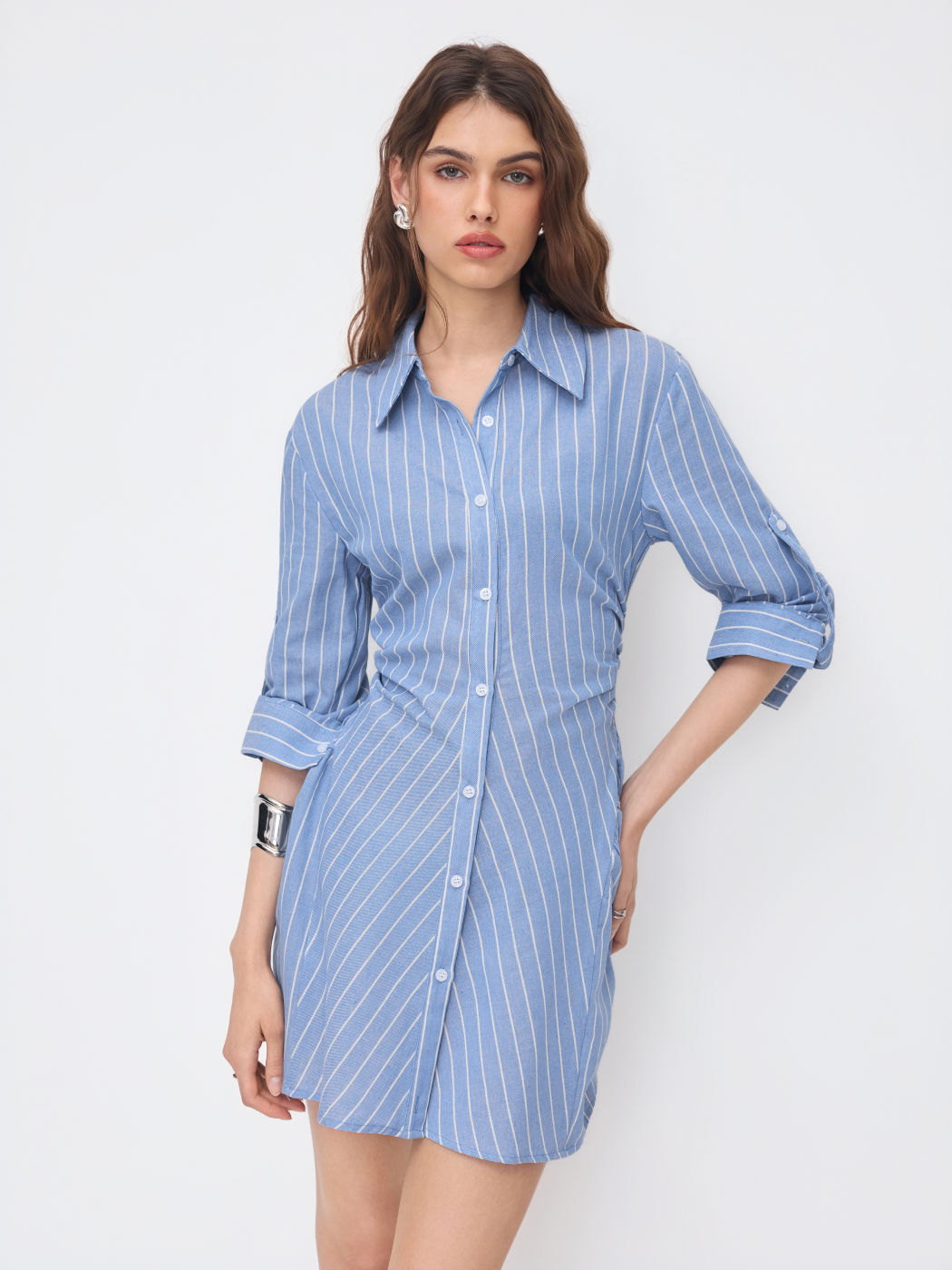 Cotton-blend Polo Neck Stripe Ruched Mini Dress