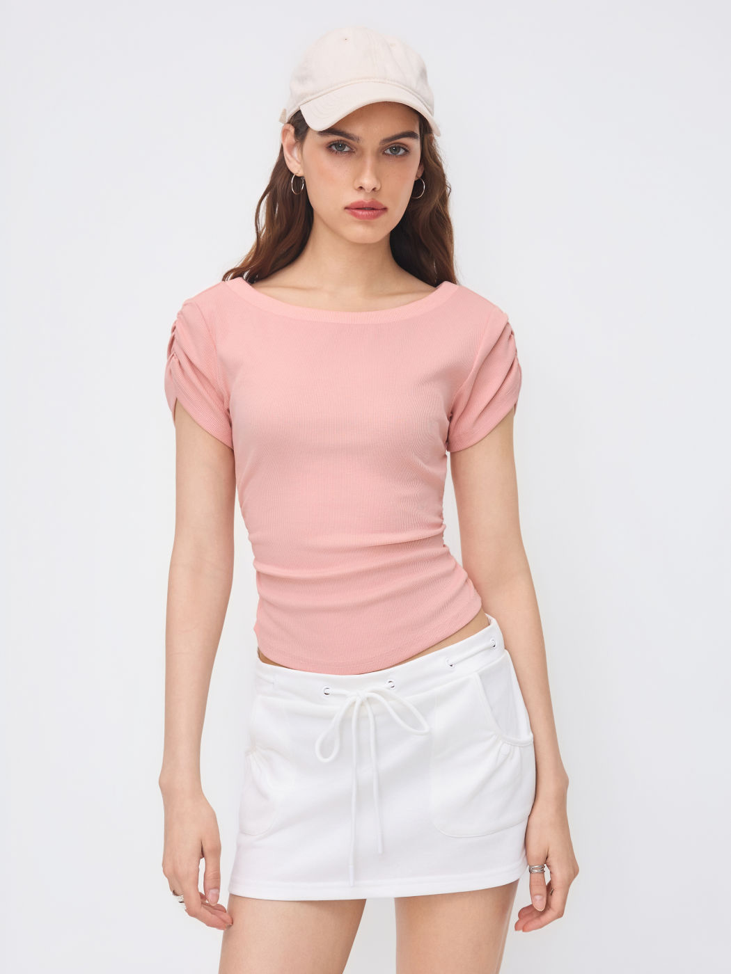 Cotton-blend Boat Neck Ruched Tee