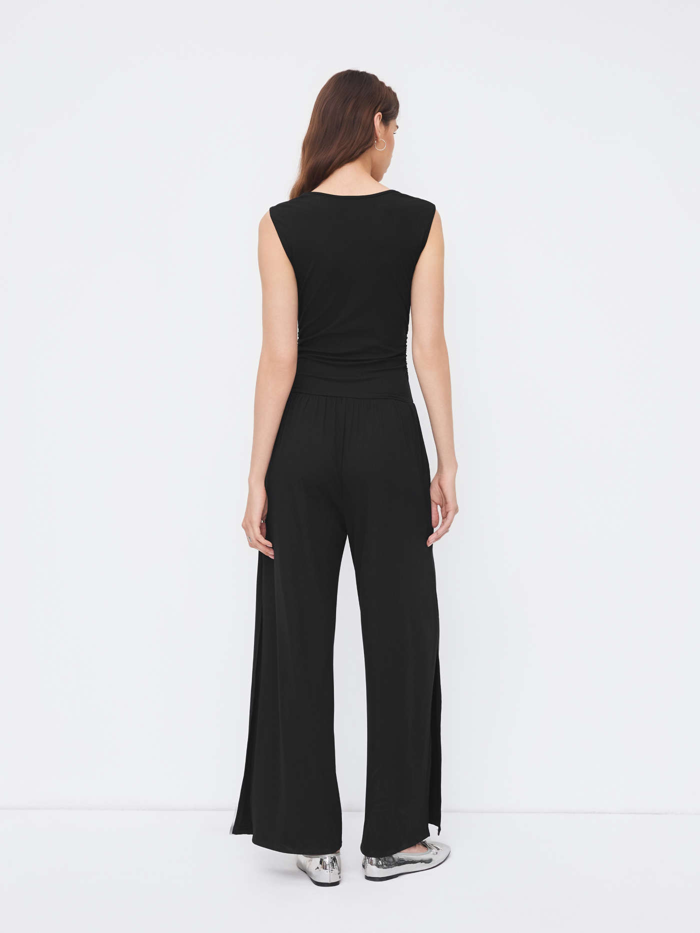 V-neck Ruched Split Straight Leg Jumpsuit