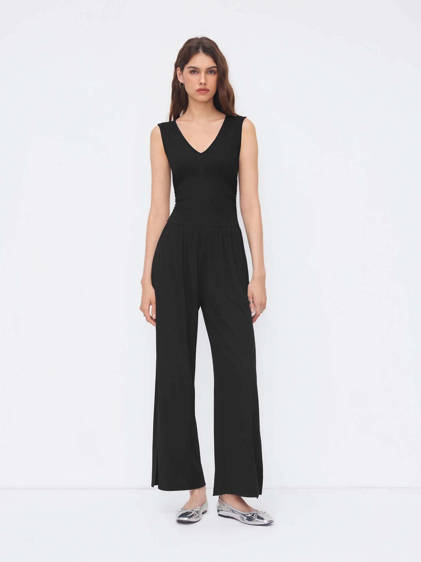 V-neck Ruched Split Straight Leg Jumpsuit