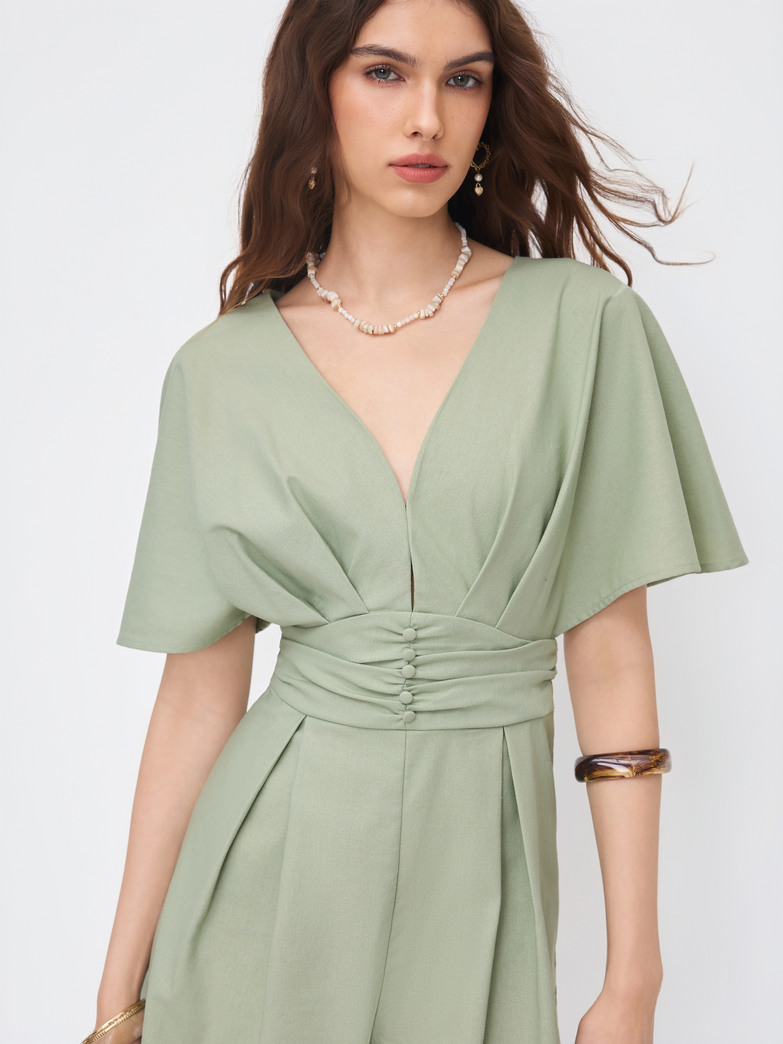 Formal Dresses Woven Linen-blend V-neck Solid Ruffle Split
