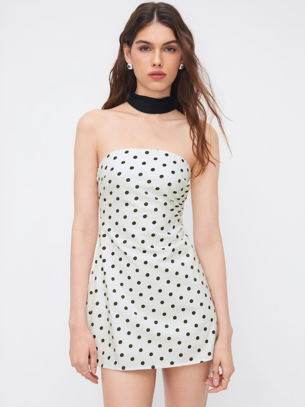 Linen-blend Polka Dot Shirred Bandeau Mini Dress