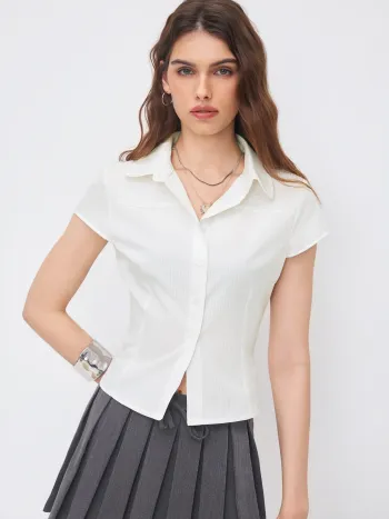 Cotton-blend Polo Neck Stripe Short Sleeve Shirt