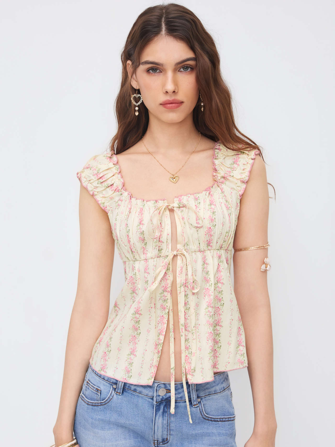 Ditsy Floral Tie Front Ruched Shirred Top