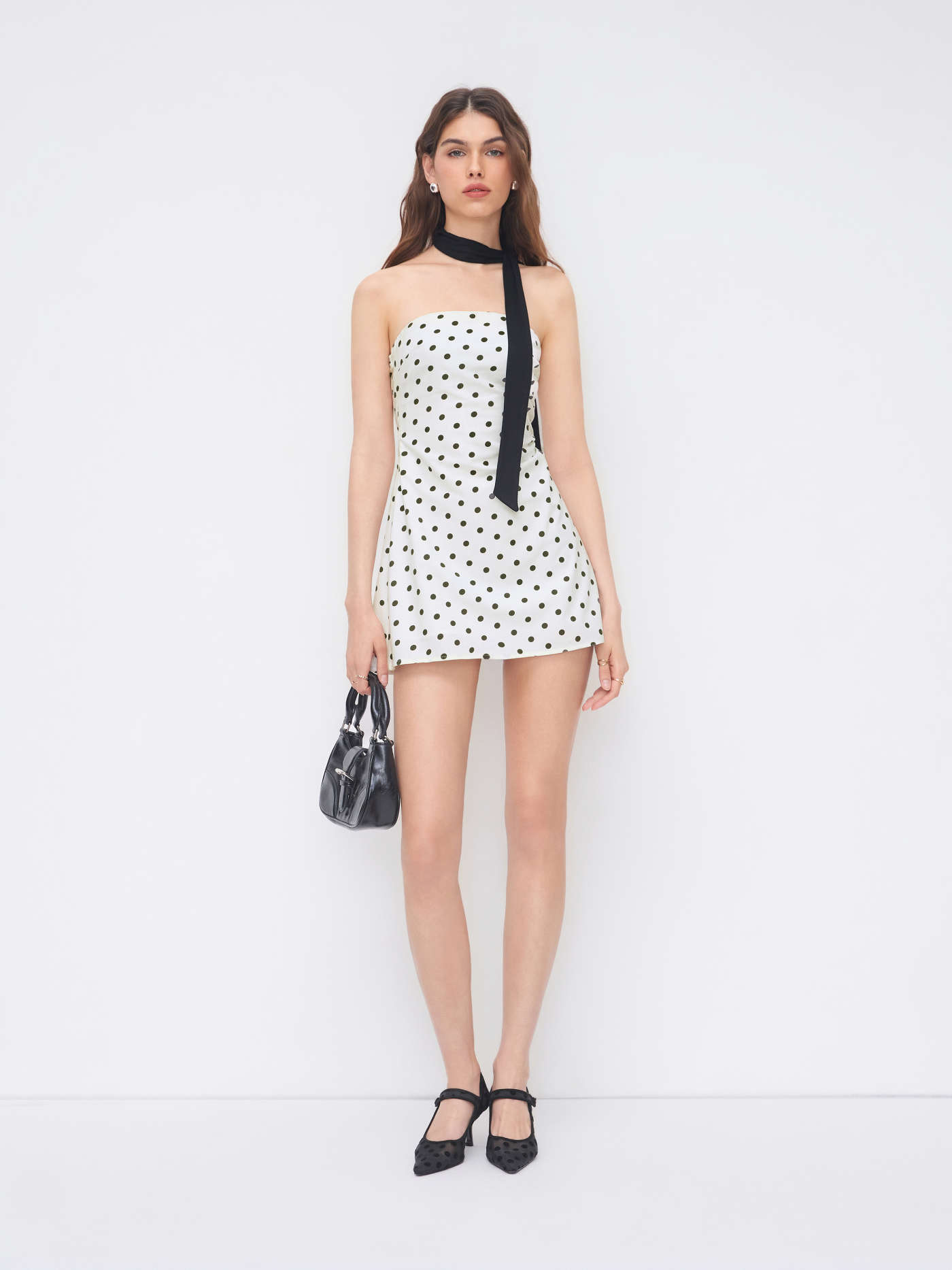 Linen-blend Polka Dot Shirred Bandeau Mini Dress
