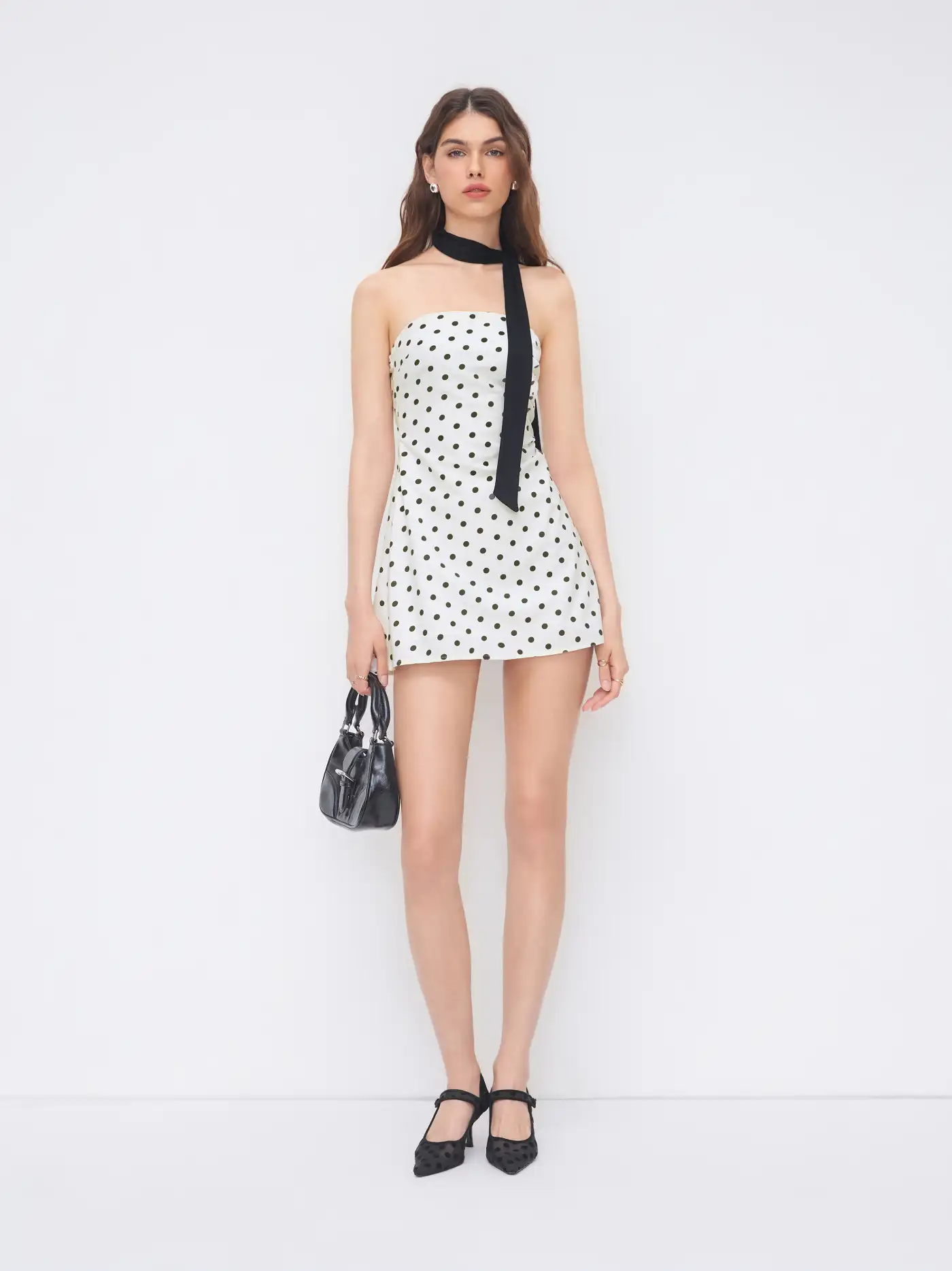 Linen-blend Polka Dot Shirred Bandeau Mini Dress