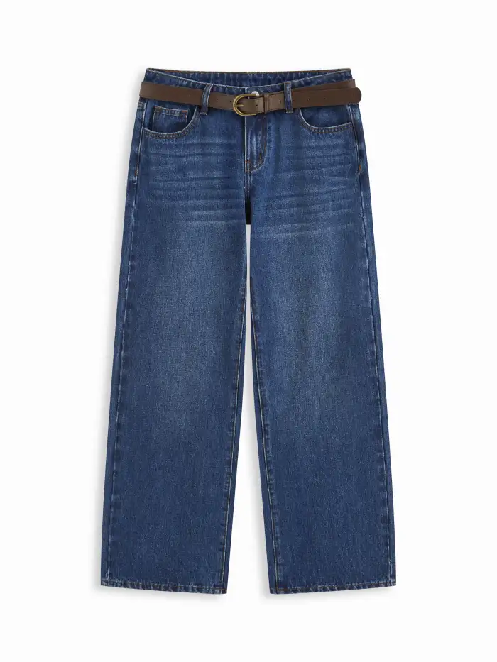 Denim High Stretch Denim Mid Rise Flared Jeans With Belt Curve & Plus For Daily Casual