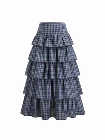 Baumwollmischung, Mittelhöhe, Tartan, geschichtete Rüschenhose Maxi-Skirt