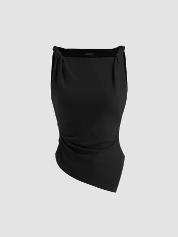 Jersey Boat Neck Asymmetrical Hem Ruched Tank Top