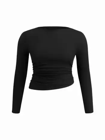 Rundhals-Rusche-Langarmshirt & Mittelbundiges Blumenknopf-Maxiskirt-Set Kurve & Plus