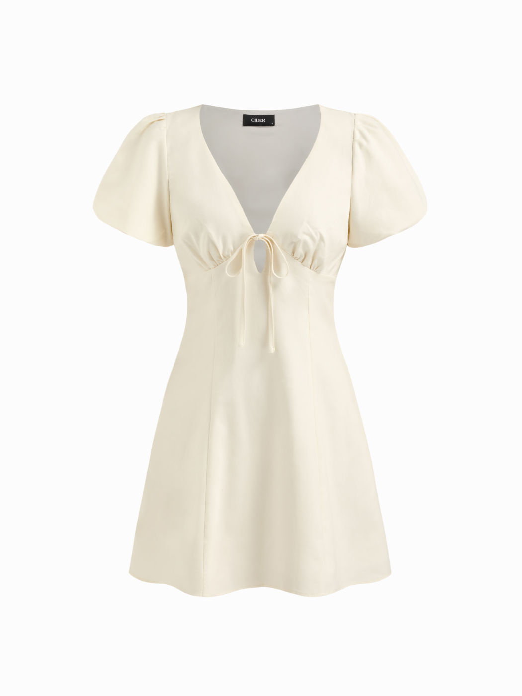 Linen-blend V-neck Tie Front Bow Puff Sleeve Mini Dress