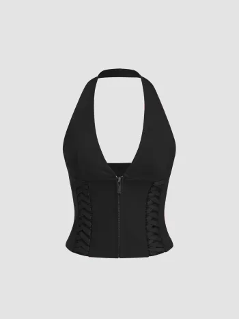V-Ausschnitt Halter-Reißverschluss-Laces-Up Oberteil