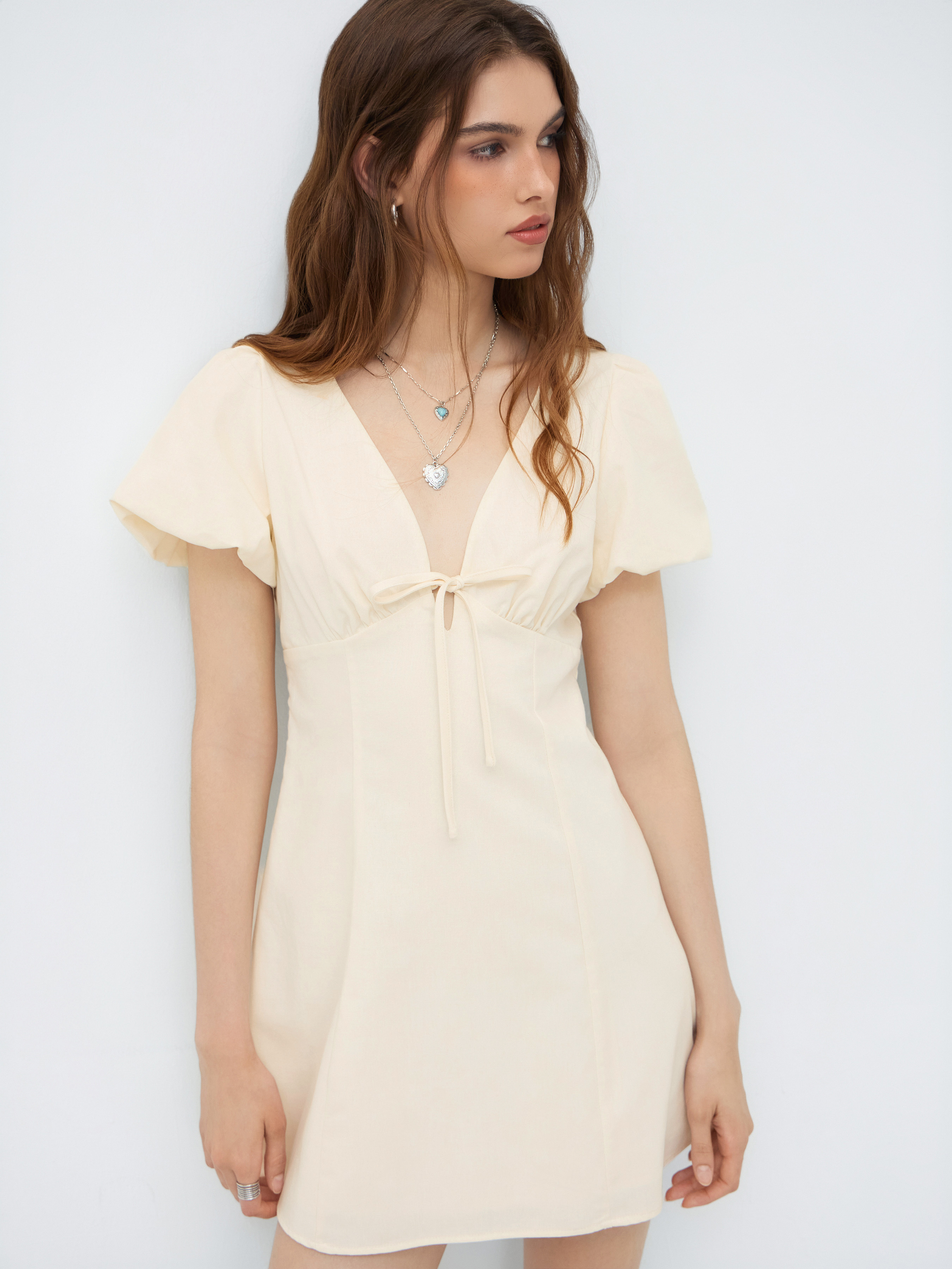 Linen-blend V-neck Tie Front Bow Puff Sleeve Mini Dress