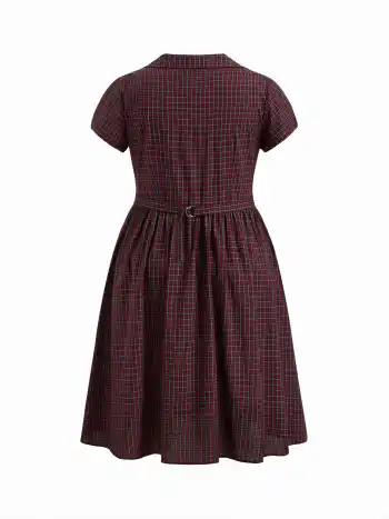 100% Baumwolle Süßherz-Puffärmel-Kariertes Schnallen-Midikleid Kurve & Plus