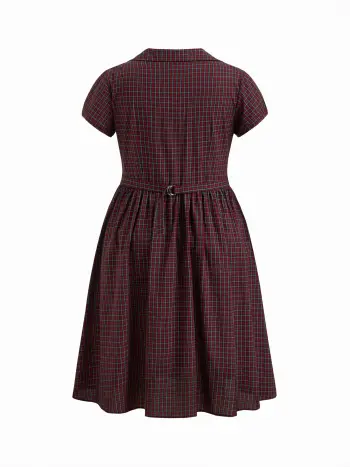 Abito Midi Curvy & Plus a Quadri con Maniche a Sbuffo a Cuore e Fibbia, 100% Cotone
