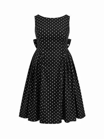 Abito midi Curve & Plus in misto lino con scollo a barchetta, pois, schiena scoperta e fiocco