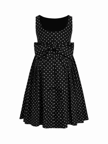 Abito midi Curve & Plus in misto lino con scollo a barchetta, pois, schiena scoperta e fiocco